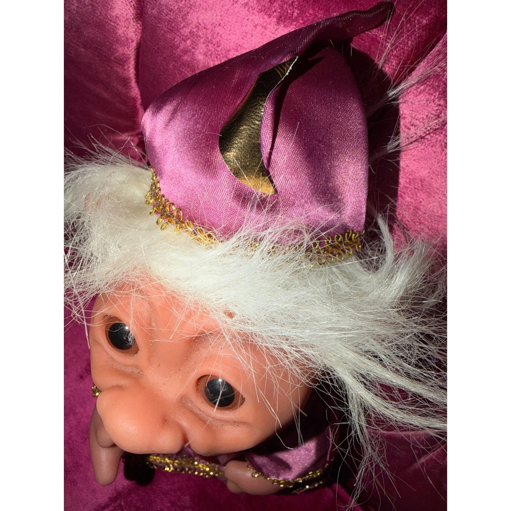 Vintage Wizard Troll Doll Purple Satin Robe Gold Star Moon White Hair 604 Toy - Picture 3 of 5